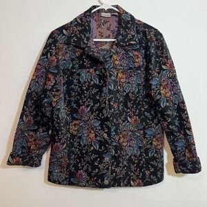 Chicos 1 Dark Floral Jacket Button Up Collar Black Blue Pink Tapestry